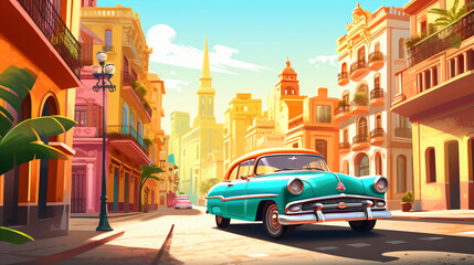 Vibrant illustration of American vintage cars