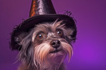 Dog with Halloween witch hat on purple background