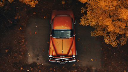 Vintage american car with autumn leaves on the roof