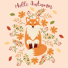 Vector illustration with cute fox.  Forest animals and plants. Autumn card with the inscription. Hello autumn. Banner, postcard, poster, vector illustration