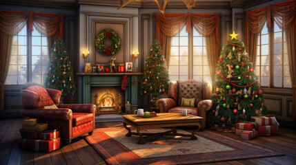Fototapeta na wymiar Christmas, New Year interior with red brick wall background, decorated fir tree with garlands and balls, dark drawer and deer figure