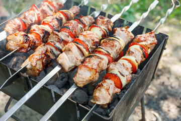 Cooking barbecue with vegetables on skewers. Roasted meat on the grill