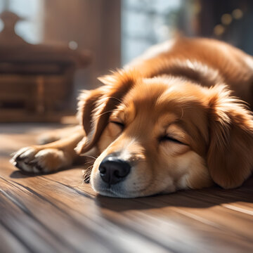 cute dog sleeping on-house floor macro photography close up hyper detailed