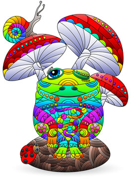 Stained glass-style illustrations with cute cartoon frog, animal isolated on a white background