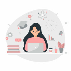 Online education concept. Woman sitting at her laptop in home and learning online. Simple flat design concept of online education, training and courses, learning, video tutorials.