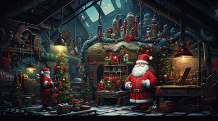 Naklejka premium Santa Claus workshop home wooden decorated table with Merry Christmas tree, decor, wrapped gifts presents boxes on holiday eve in cozy home interior late in night with lamp light on xmas background.