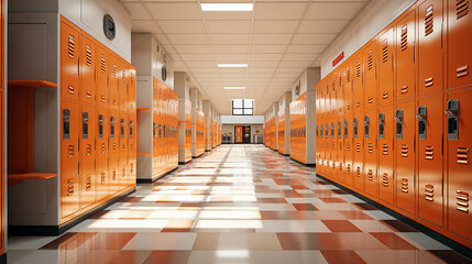 Long school corridor with orange lockers and rest zoom