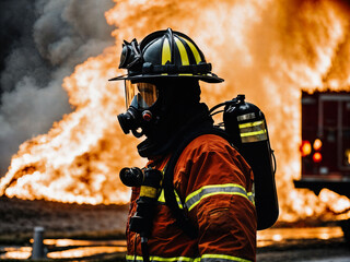 Naklejka premium photo of firefighter with big fire cloud and smoke in background, generative AI