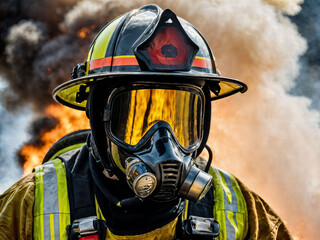 Obraz premium photo of firefighter with big fire cloud and smoke in background, generative AI