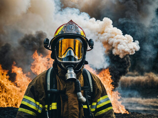 photo of firefighter with big fire cloud and smoke in background, generative AI