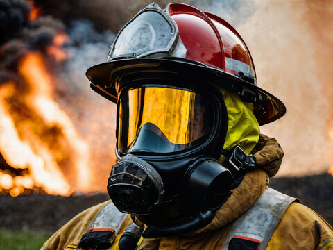 photo of firefighter with big fire cloud and smoke in background, generative AI