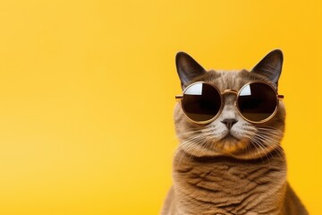 Closeup portrait of gray british furry cat in fashion sunglasses. Funny pet on bright yellow background. Kitten in eyeglass. Fashion, style, cool animal concept with copy space - Powered by Adobe