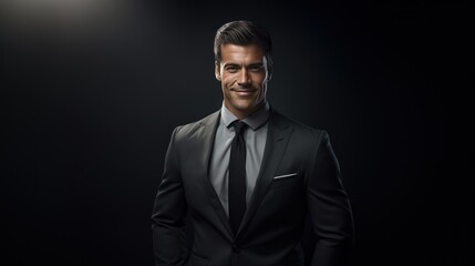 Obraz premium Successful businessman with crossed arms stands on a dark background.
