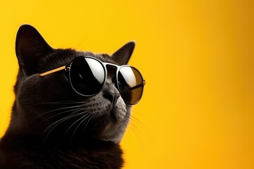 Closeup portrait of black british furry cat in fashion sunglasses. Funny pet on bright yellow background. Kitten in eyeglass. Fashion, style, cool animal concept with copy space