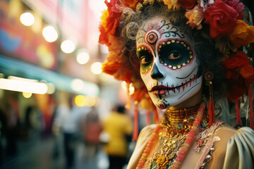 Close-up portrait of woman with Day of The Dead makeup and outfit. Dia De Los Muertos, La Calavera Catrina.