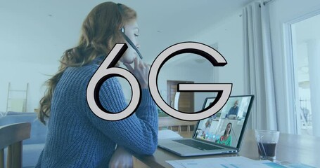 Animation of 6g text over diverse coworkers sharing ideas during video conference on laptop - Powered by Adobe