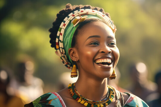 Portrait of beautiful young African woman wearing traditional clothes and head wrap on nature background.