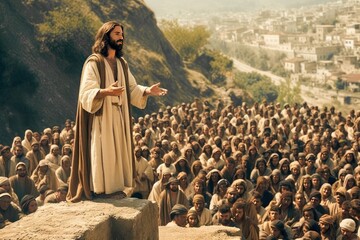 Jesus speaking to the people by parables next to the Jerusalem city Generative AI Illustration - obrazy, fototapety, plakaty
