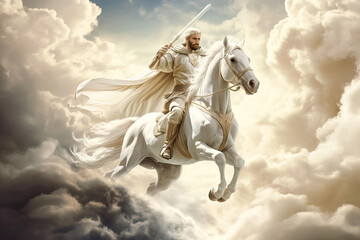 Obraz na płótnie Canvas White Horse of the Apocalypse Revelation of Jesus Christ historical time Michael Prince of the army Generative AI Illustration