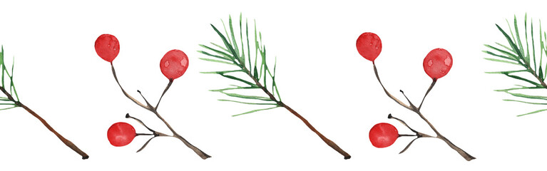 Christmas watercolor horizontal seamless pattern with fir and berries.Winter pattern