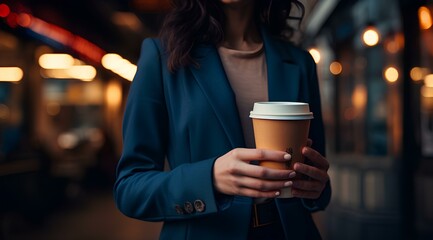A cup of coffee in the hand of a businesswoman.