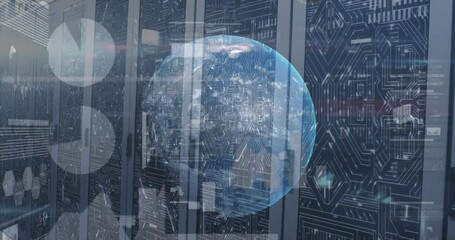 Animation of interface with statistical data processing over globe against computer server room - Powered by Adobe