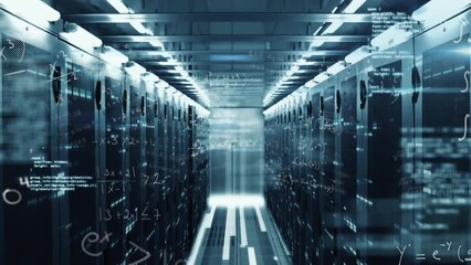 Animation of mathematical equations, data processing and mosaic squares against server room - Powered by Adobe
