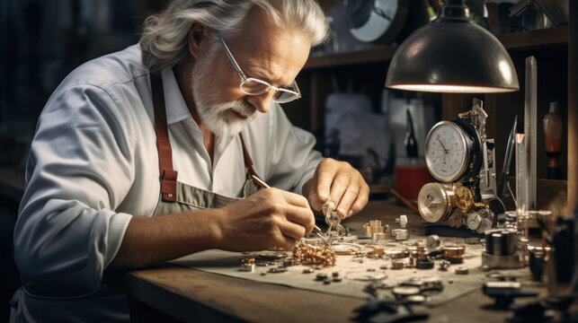 old watchmaker repairing clocks