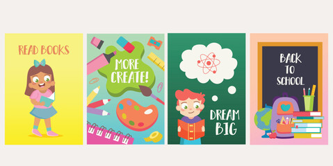 Back to school posters in flat design. Vibrant back-to-school banner with four colorful posters in flat design elements for exciting promotions. Vector illustration.
