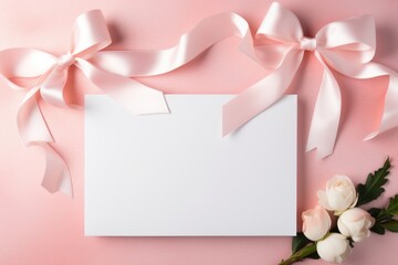 Empty white paper on pastel pink background with rose flowers and silk curly ribbon. Valentine's or woman's day greeting card. Mockup template with copy space. Flat lay, top view