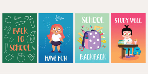 Back to school posters in flat style. Stylish colorful cover with flat illustrations, perfect for 'Back to School' posters. Vector illustration.