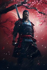 Samurai with cherry blossoms and full moon background