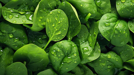 Fototapeta premium Fresh green spinach leaves with water drops background. Vegetables backdrop. Generative AI