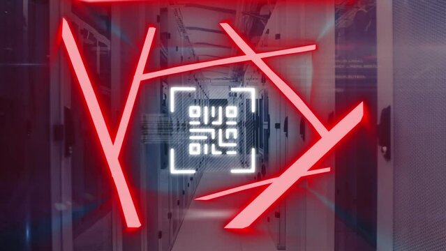 Animation of neon qr code scanner and data processing against computer server room - Powered by Adobe