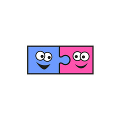 Two cartoon puzzle pieces with funny faces joined together.