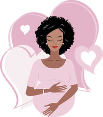 Pretty Blonde Pregnant woman illustration with pink hearts background