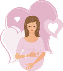 Pretty Blonde Pregnant woman illustration with pink hearts background