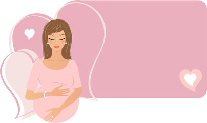 Pretty brown haired Pregnant woman illustration with custom text heart pink box