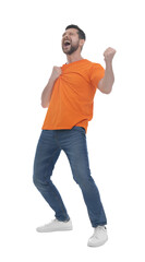 Emotional sports fan celebrating on white background