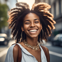 happy young african american woman smiling in the city closeup