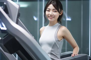 Fitness woman standing on a treadmill in health club. Young smiling athlete in black sportswear in the gym. Generative AI.