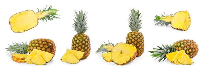 Set with cut and whole pineapples isolated on white