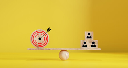 Obraz premium Red dartboard and black arrow connection linkage with human icon for customer focus target group and customer relation management concept.