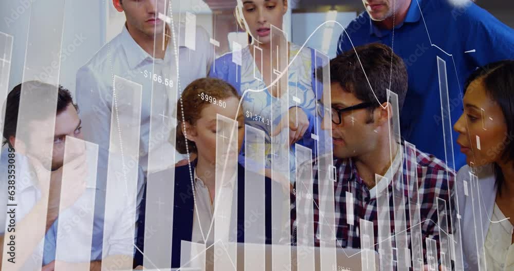 Poster animation of statistical data processing on team of diverse colleagues discussing together at office