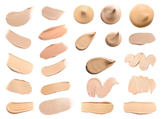 Foundations of various shades and textures for different skin tones and types isolated on white, top view. Set of samples