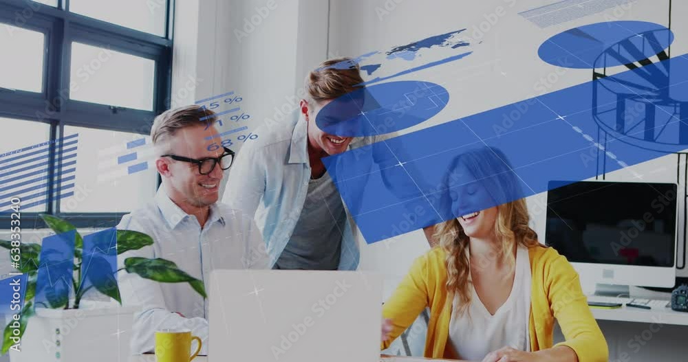 Poster animation of statistical data processing against diverse colleagues discussing together at office