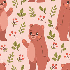 Fall pattern with bear. Seamless woodland pattern with leaves and cute forest animal on pink background