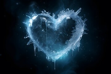 blue ice heart shape clear with ice crystals and icicle black background. The concept is cold-hearted, heartbroken, unloved, cold and closed-hearted. - obrazy, fototapety, plakaty