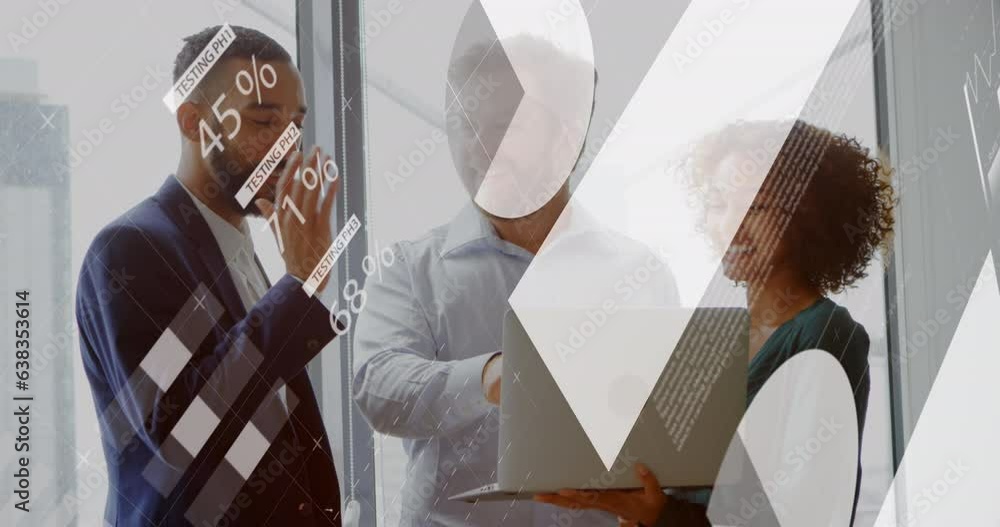 Poster animation of statistical data processing on diverse businesspeople discussing over laptop at office