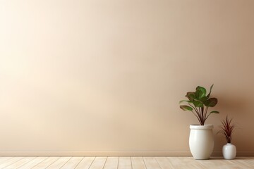 Beautiful house plant in the pot on wooden floor set beside the wall with sunbeam and shadow on biege empty wall. Background, mockup backdrop. Green houseplant decoration. Products overlay